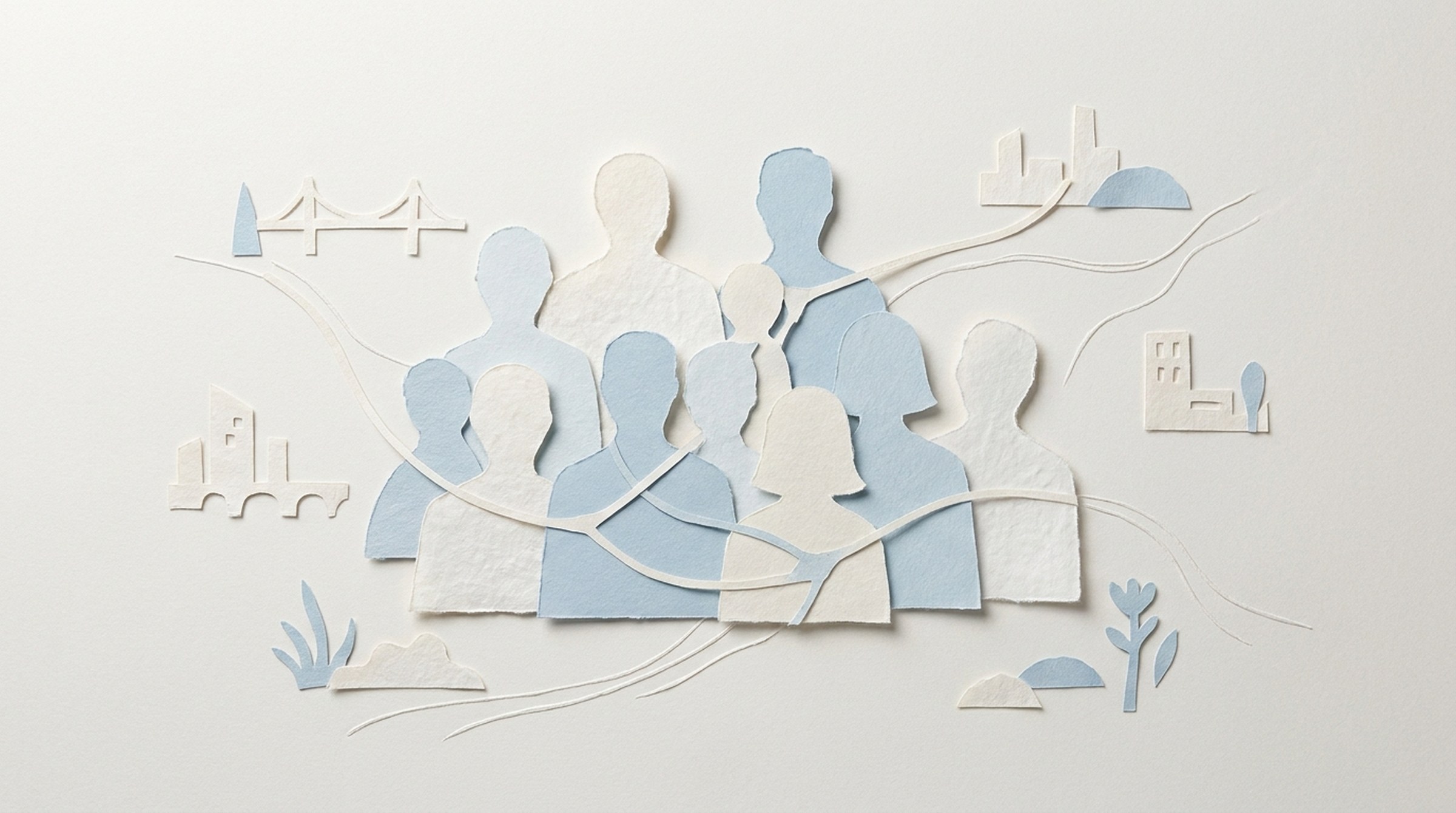 Layered paper collage of community routes and abstract people for ESA Scotland